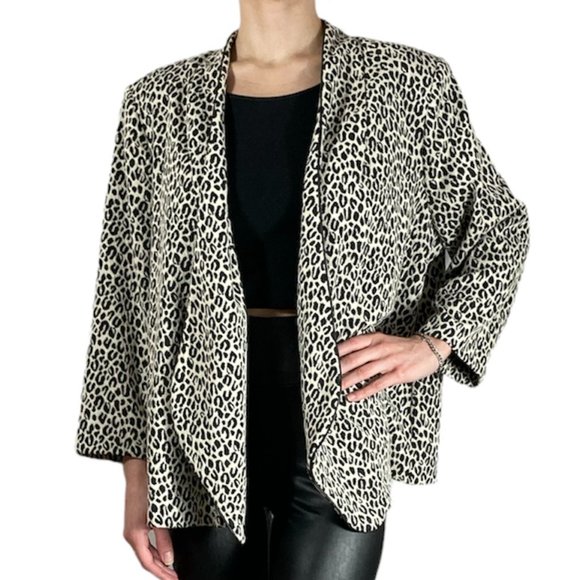 Notations Tan Black Leopard Print Open Front Waterfall Jacket Sz 2X Lined Padded - Picture 1 of 16